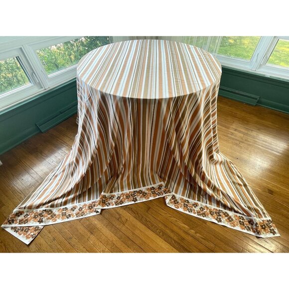 Rare vintage 70s King size flat / top sheet, flower power, 2 tones beige, brown - Picture 2 of 9